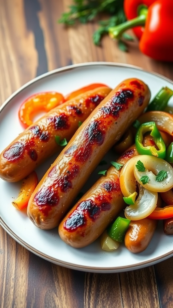 Crispy Italian sausage links served with bell peppers and onions on a rustic plate.